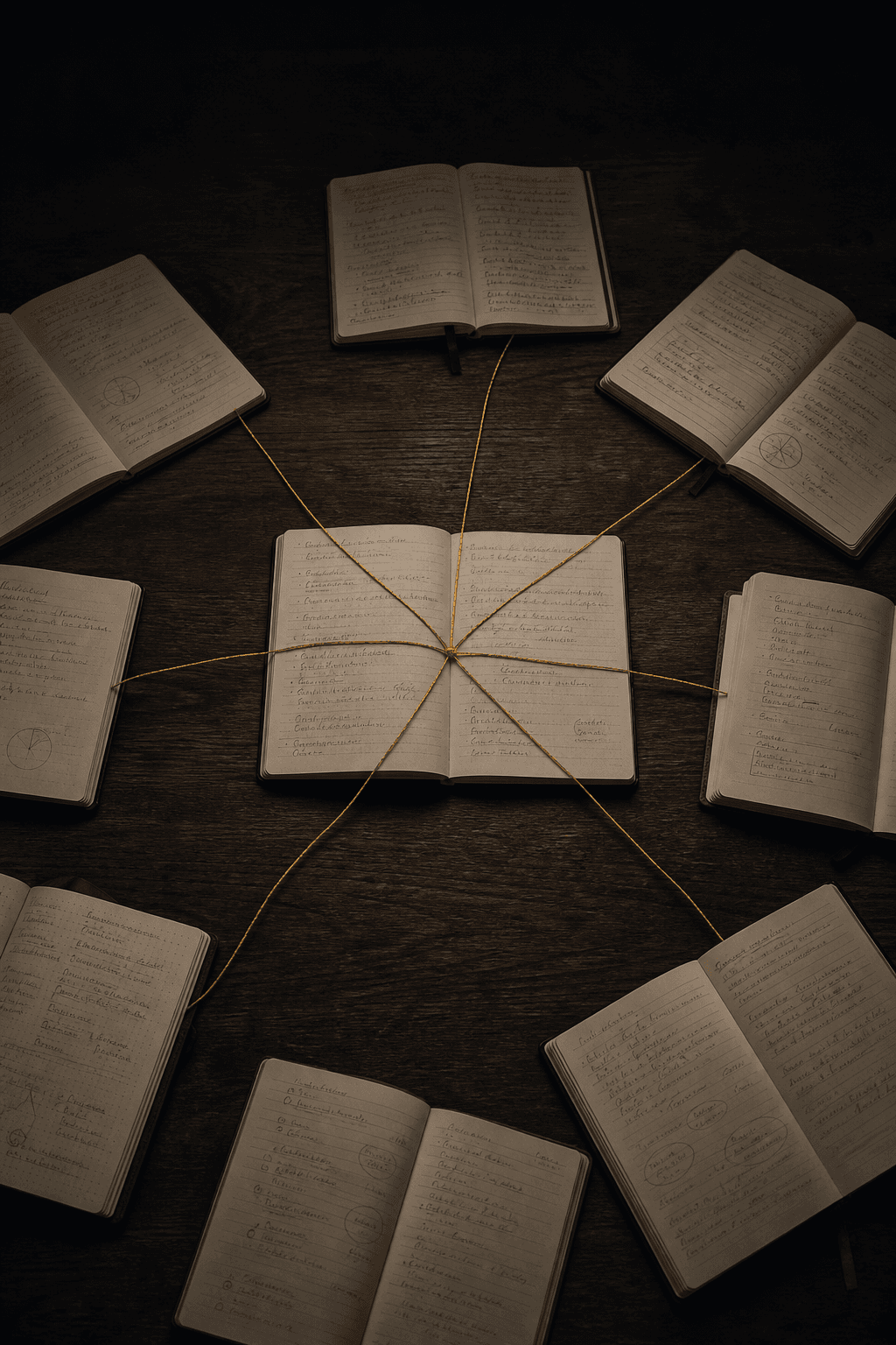 Several open notebooks connected by a single gold thread
